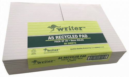 Writer Recycled Ruled Notepad 80 Sheet A5 200x150mm Pack 20