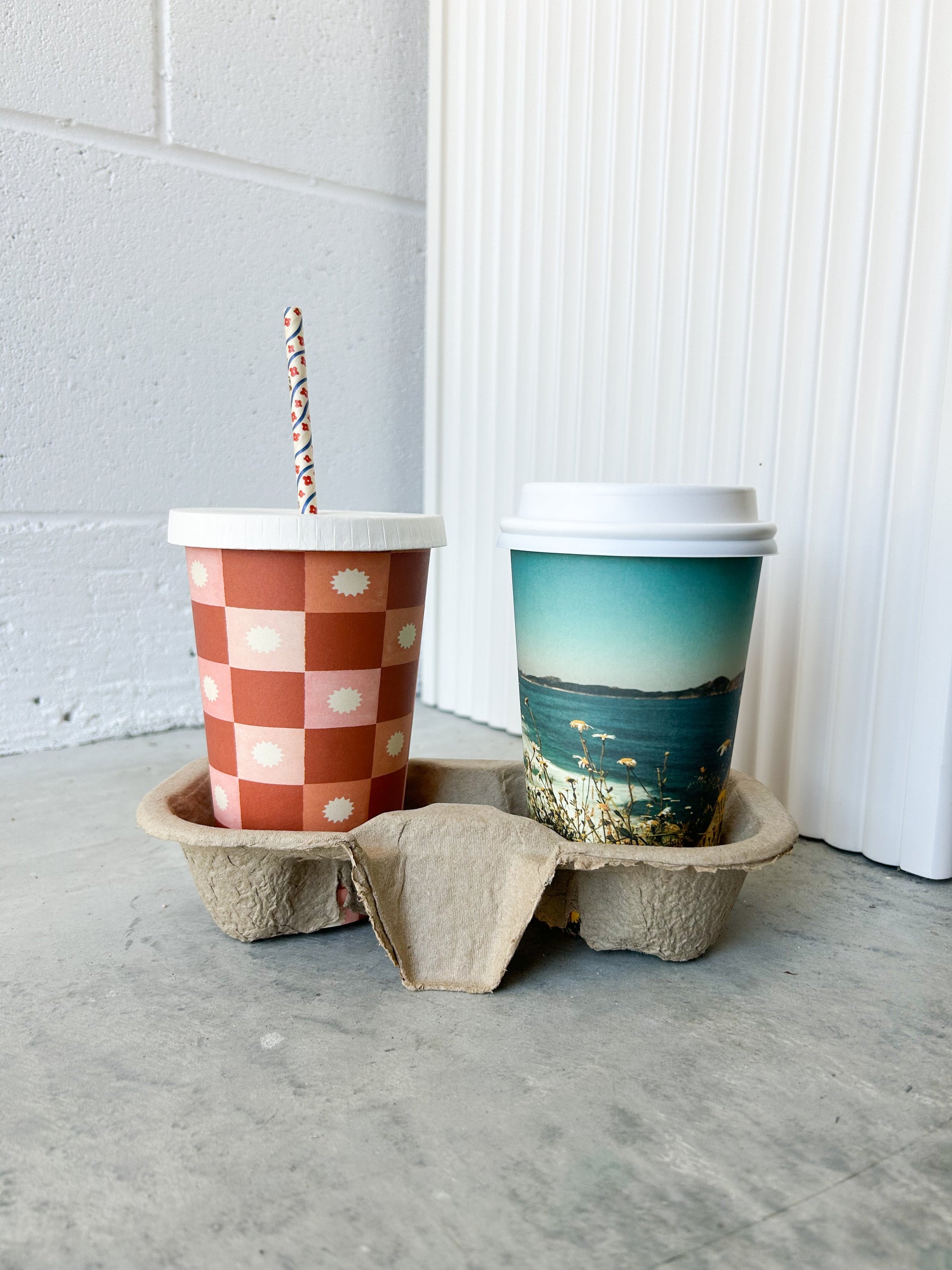 Creative Cafe Co 16oz Ocean & Check home compostable coffee cups cafe printed