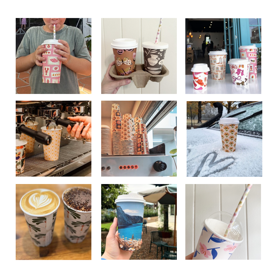 Creative Cafe Co 16oz home compostable disposable paper cups in cafe action