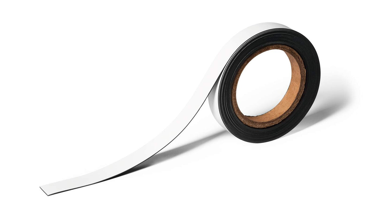 Durable 20 mm white magnetic labelling tape on its roll