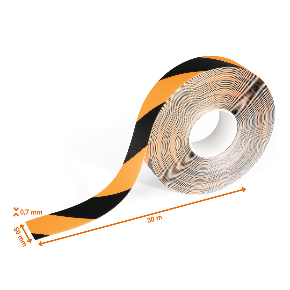 Yellow and black DURALINE 50/07 tape roll with the 50 mm width, 30 m length and 0.7 mm thickness marked