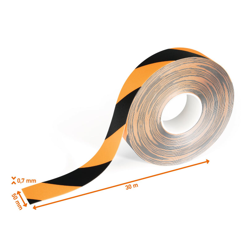 Yellow and black DURALINE 50/07 tape roll with the 50 mm width, 30 m length and 0.7 mm thickness marked
