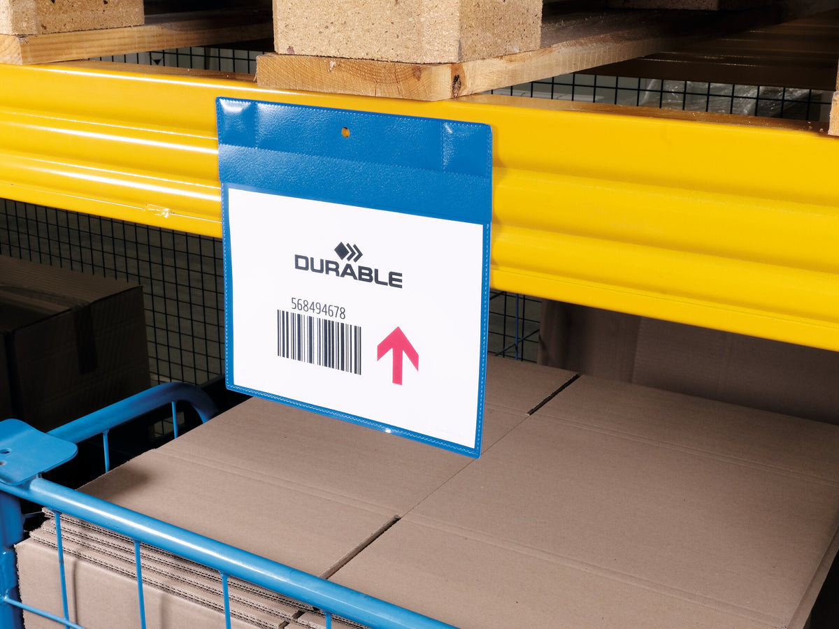 Durable A5 landscape magnetic sleeve with a location label on a mesh box under a yellow racking beam