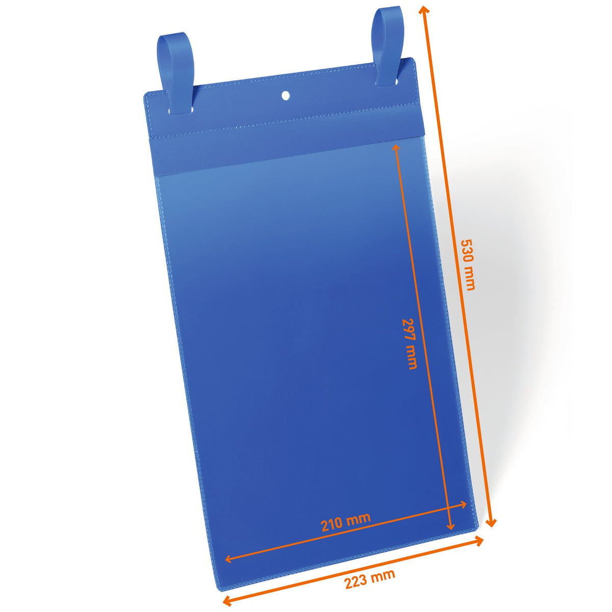 Durable 175007 A4 portrait logistics pocket with fastening straps, drawing marked 210 x 297 mm insert and 223 x 530 mm outer size
