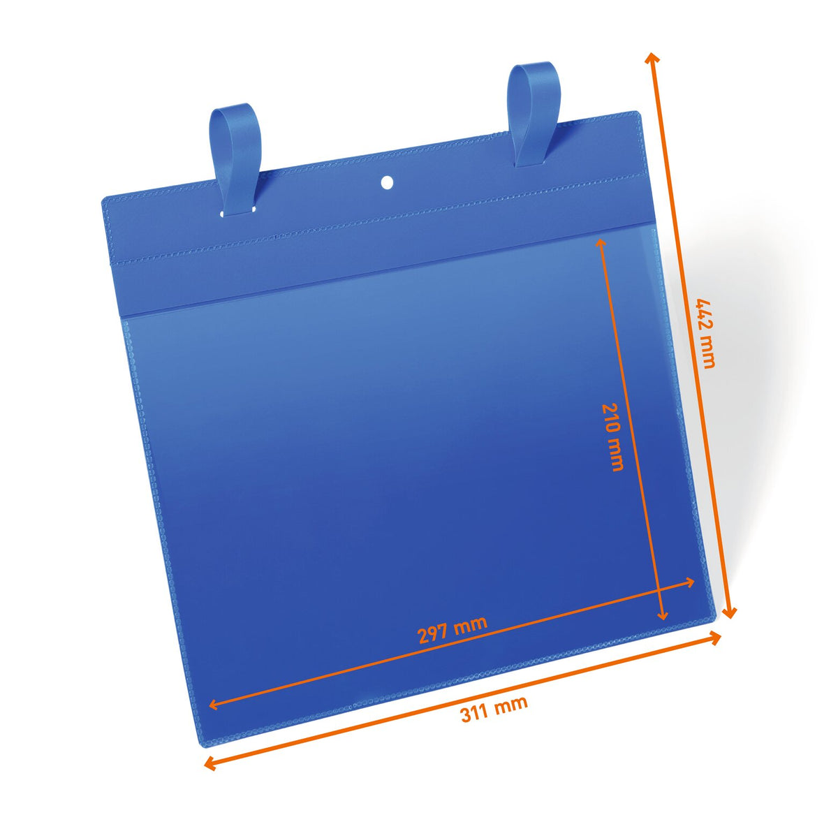 Durable 175107 A4 landscape logistics pocket with two fastening straps, drawing marked 311 x 442 mm outer size