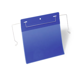 Durable A5 landscape logistics pocket in dark blue with a wire hanger across the top