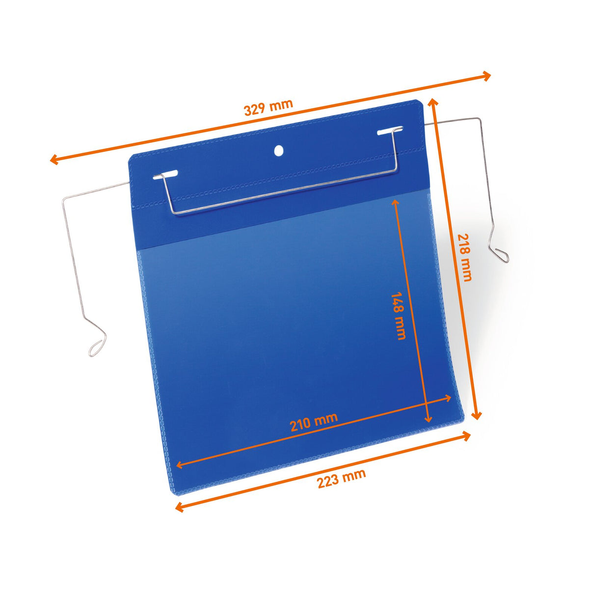 Durable 175207 A5 landscape pocket with wire hanger, drawing marked 223 x 218 mm pocket and 329 mm width with hanger