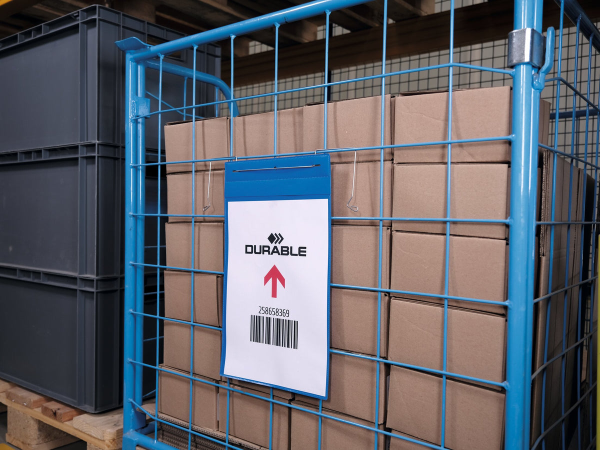 Durable A4 portrait wire hanger pocket with a barcode sheet on a blue roll cage of cartons