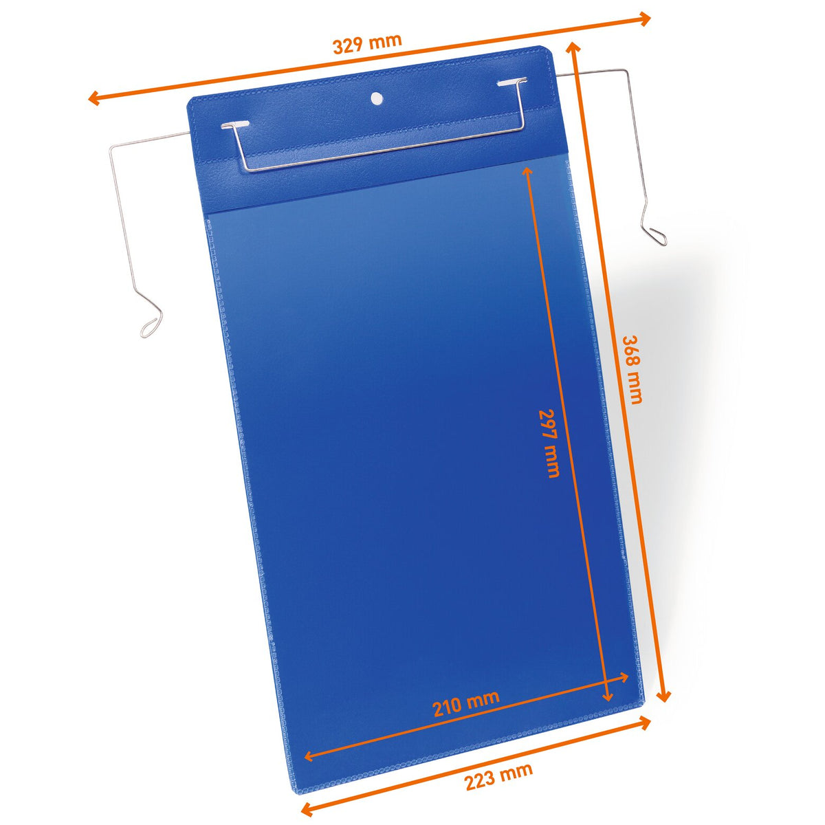 Durable 175307 A4 portrait pocket with wire hanger, drawing marked 223 x 368 mm pocket and 329 mm width with hanger