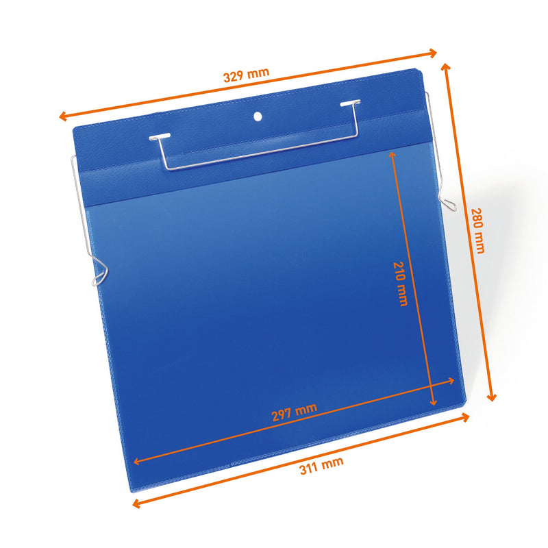 Durable 175407 A4 landscape pocket with wire hanger, drawing marked 311 x 280 mm pocket and 329 mm width with hanger
