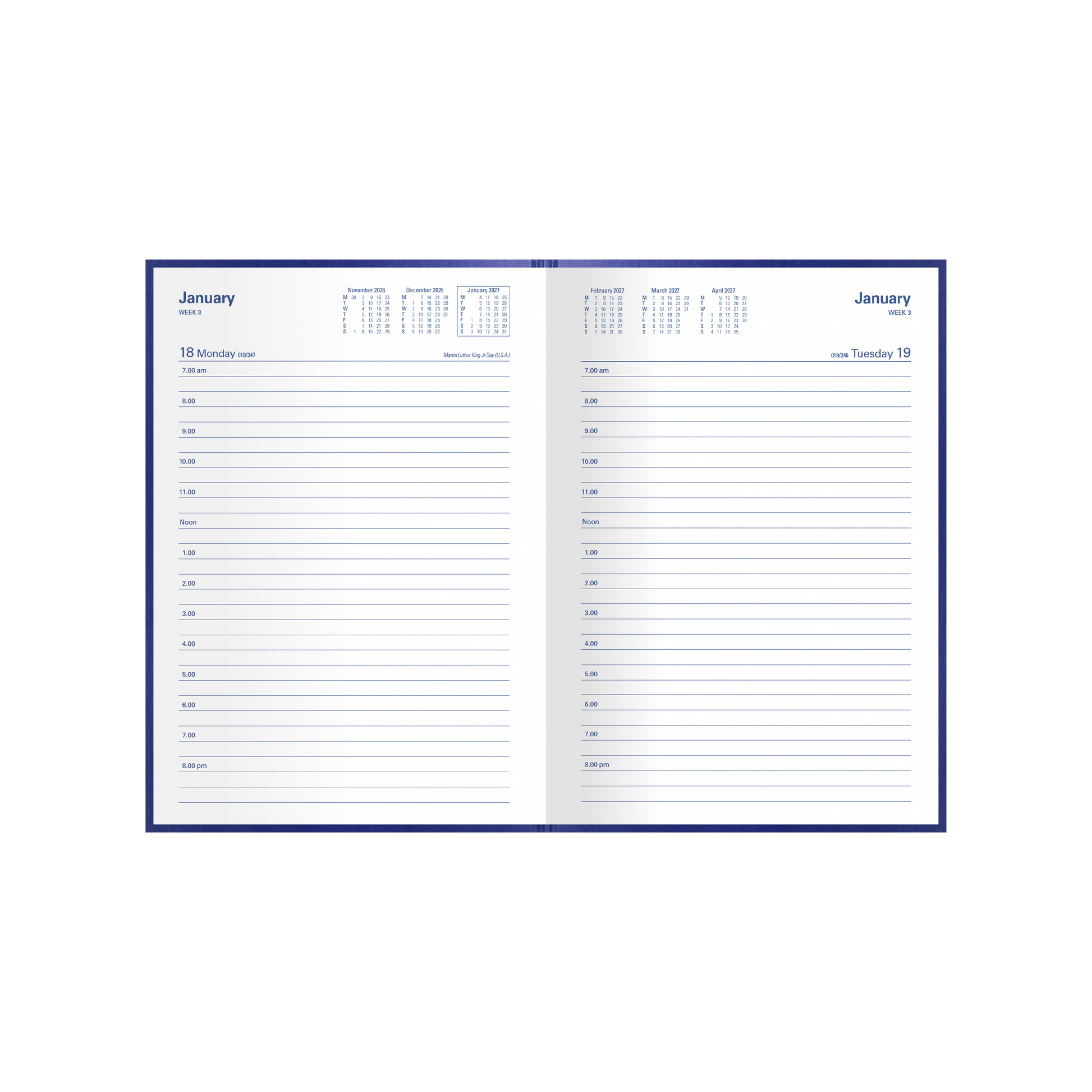 Collins Kingsgrove 2027 A5 day to a page diary blue open showing daily layout