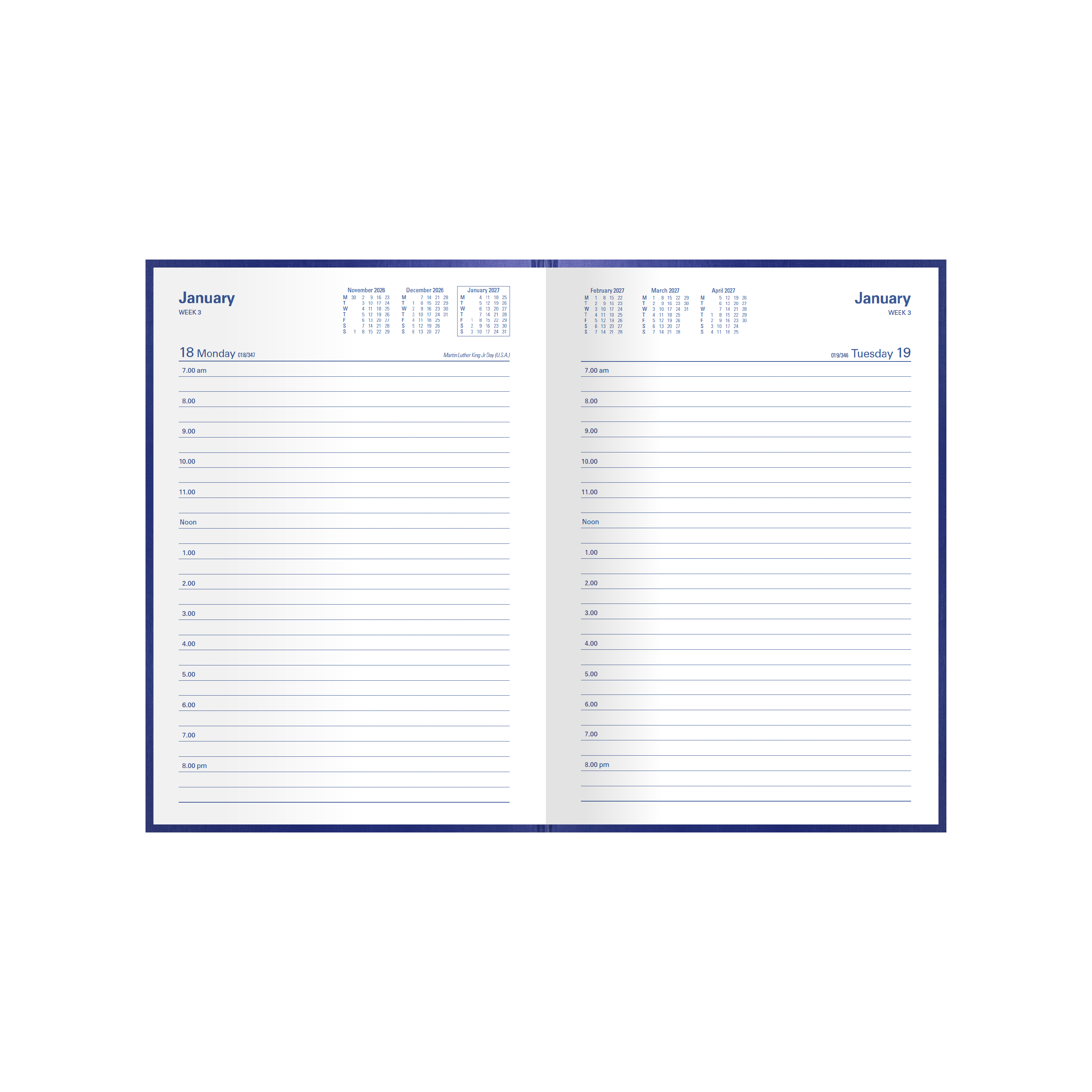 Collins Kingsgrove 2027 A5 day to a page diary blue open showing daily layout