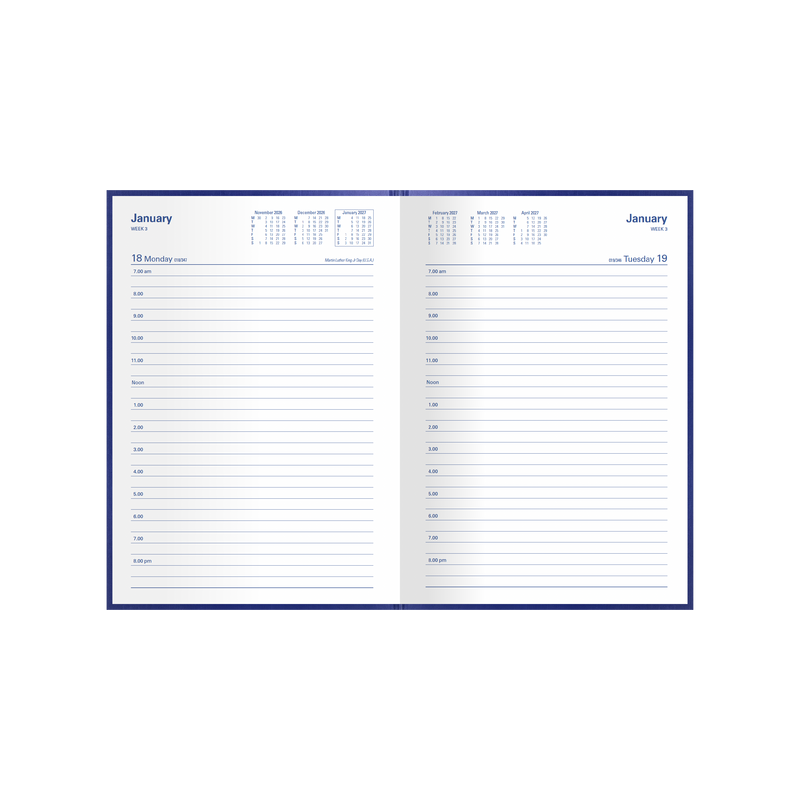 Collins Kingsgrove 2027 A5 day to a page diary blue open showing daily layout