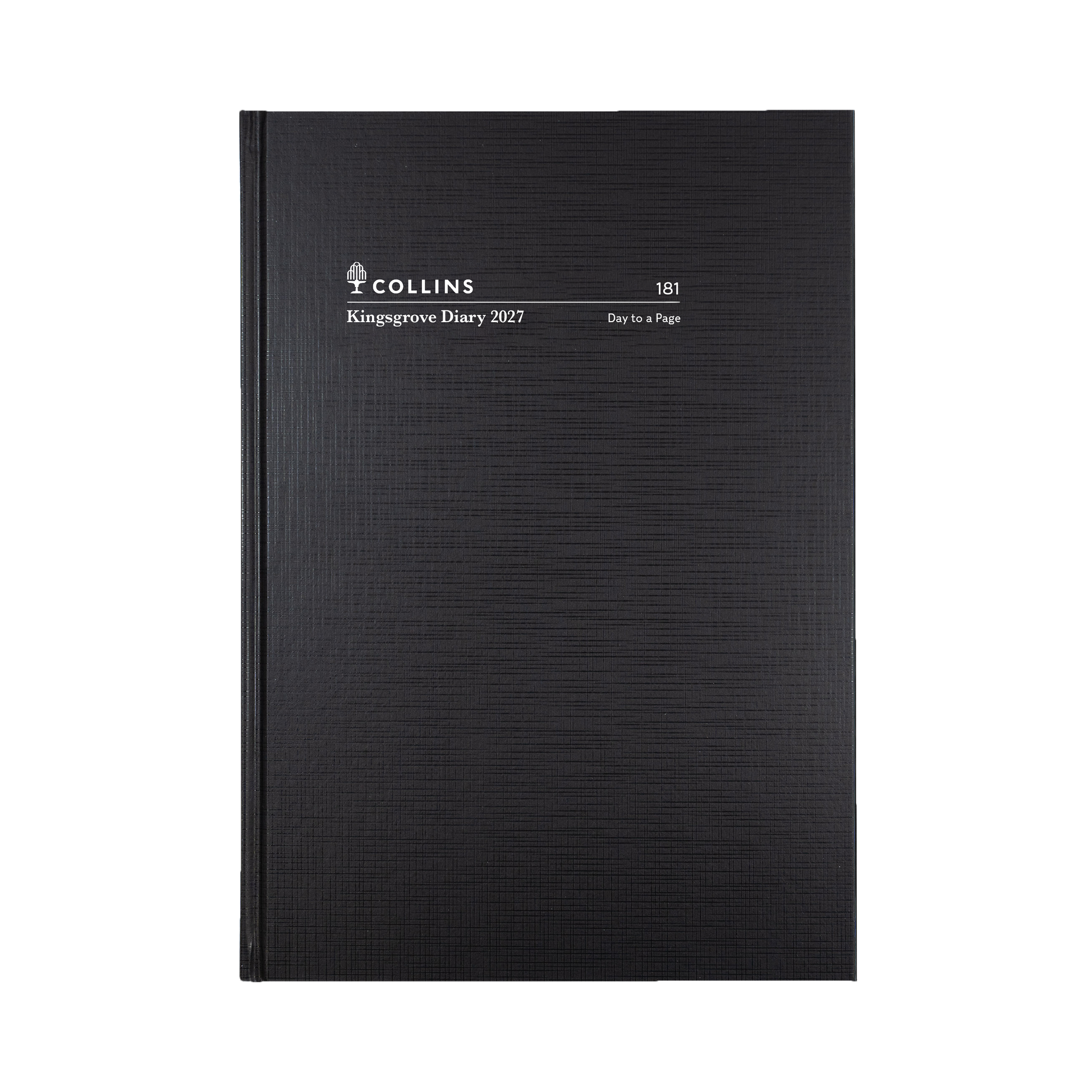 Collins Kingsgrove 2027 A5 day to a page diary black cover angled view