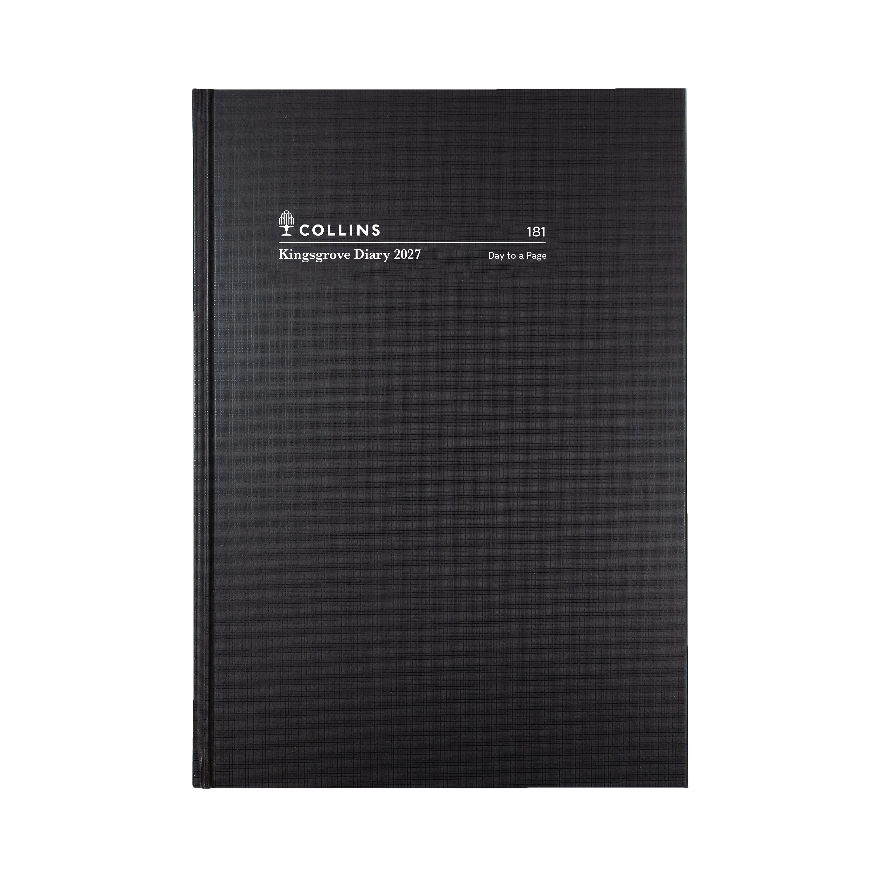 Collins Kingsgrove 2027 A5 day to a page diary black cover angled view