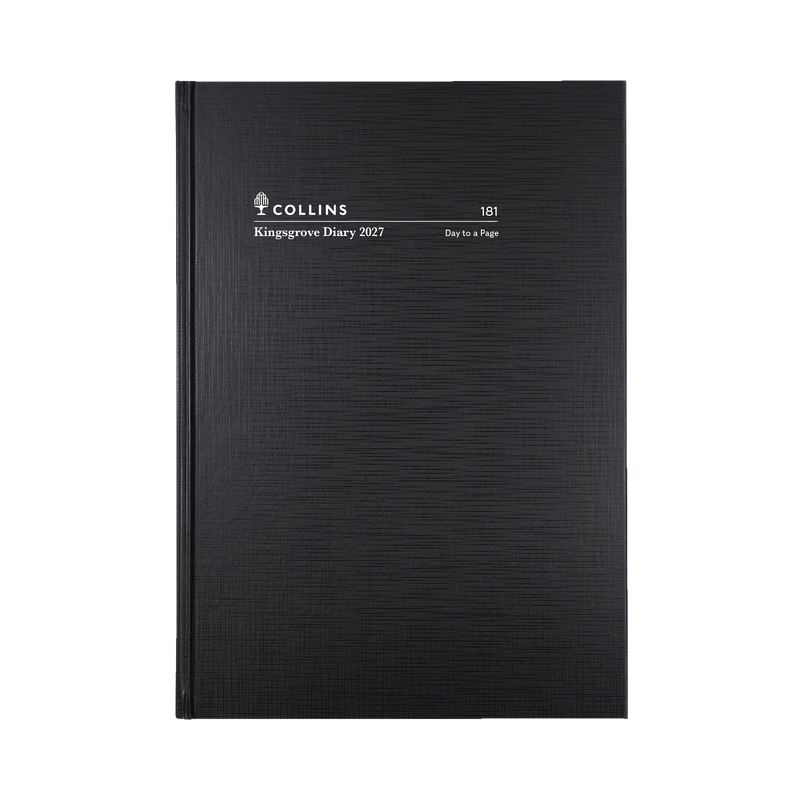 Collins Kingsgrove 2027 A5 day to a page diary black cover angled view