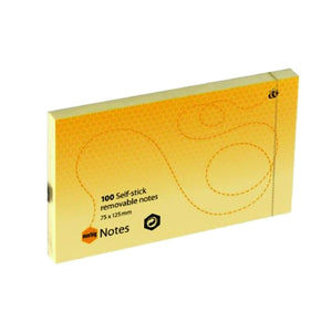 Single yellow Marbig Notes pad printed 100 Self-stick removable notes 75 x 125mm, with a honeycomb pattern and a dotted bee trail