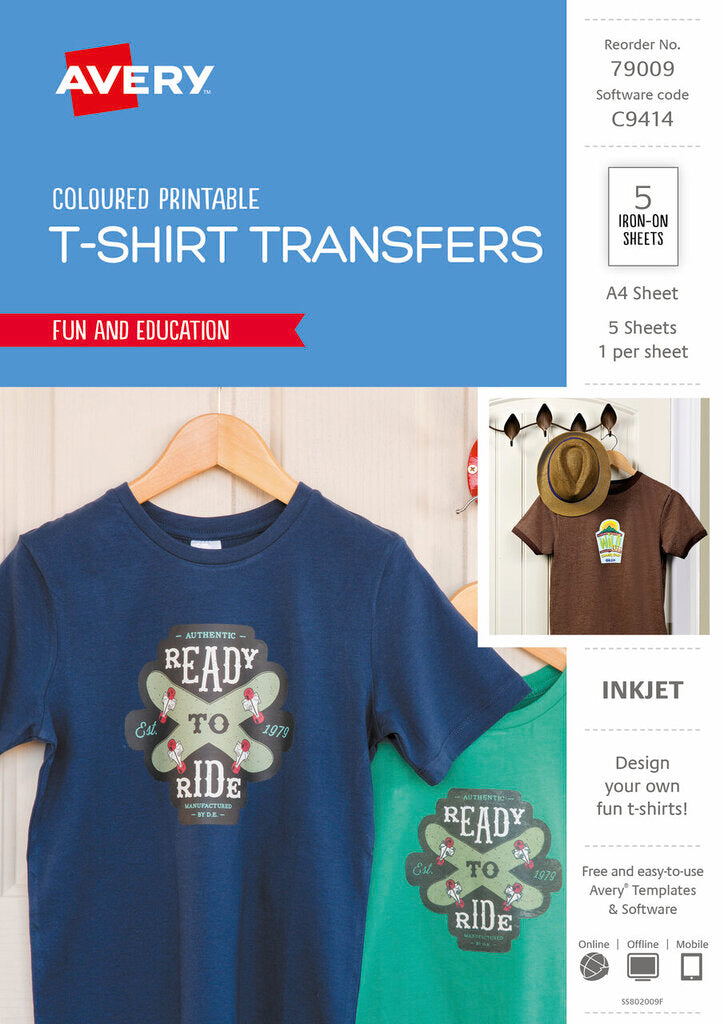Avery Inspired Coloured T-Shirt Transfers 5 Pack A4