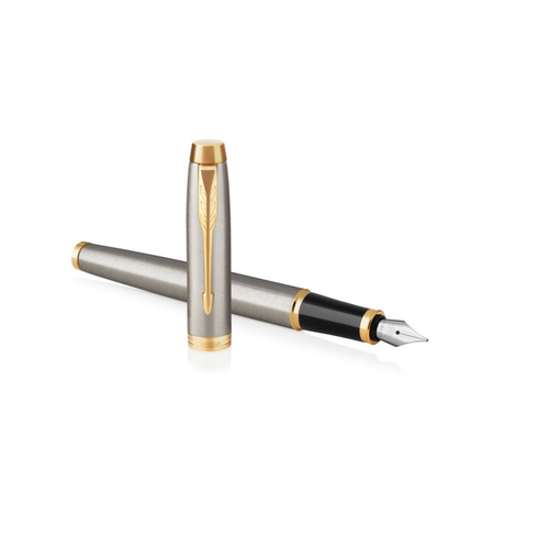 Parker IM Fountain Pen Brushed Metal and Gold Trim Medium Nib