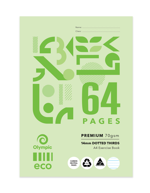 Olympic Eco Exercise Book A4 64 Pages 14mm Dotted Thirds Stapled Pack of 20