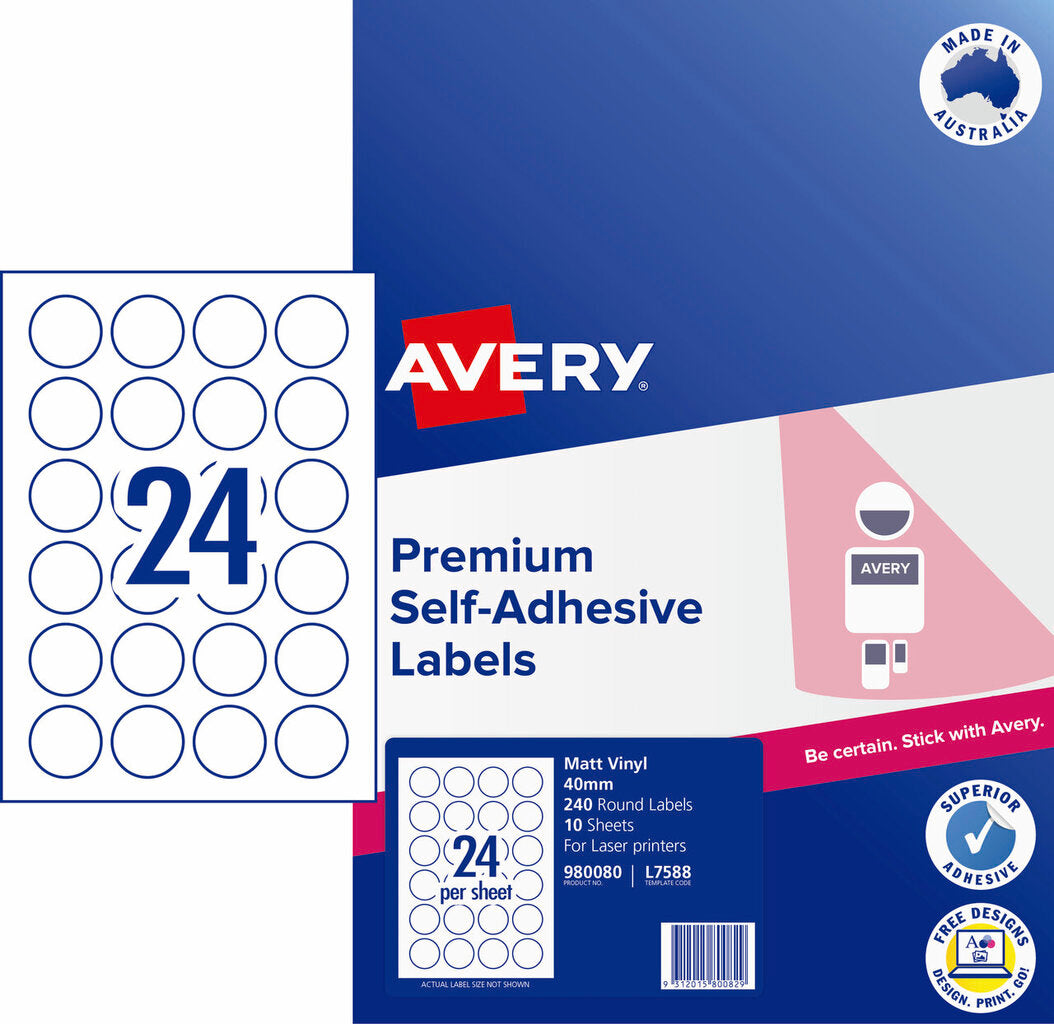 Avery Durable Round Labels L7588 10 Pack 40mm Diameter 24UP