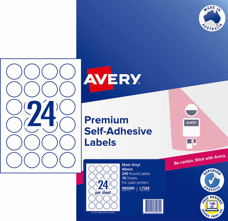Avery Durable Round Labels L7588 10 Pack 40mm Diameter 24UP