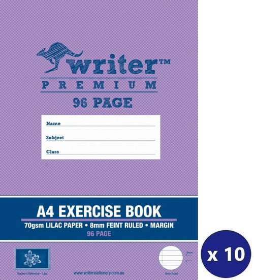 Writer Premium Exercise Book A4 96 Page 8mm Ruled Red Margin Lilac Cover Pack 10 — front cover