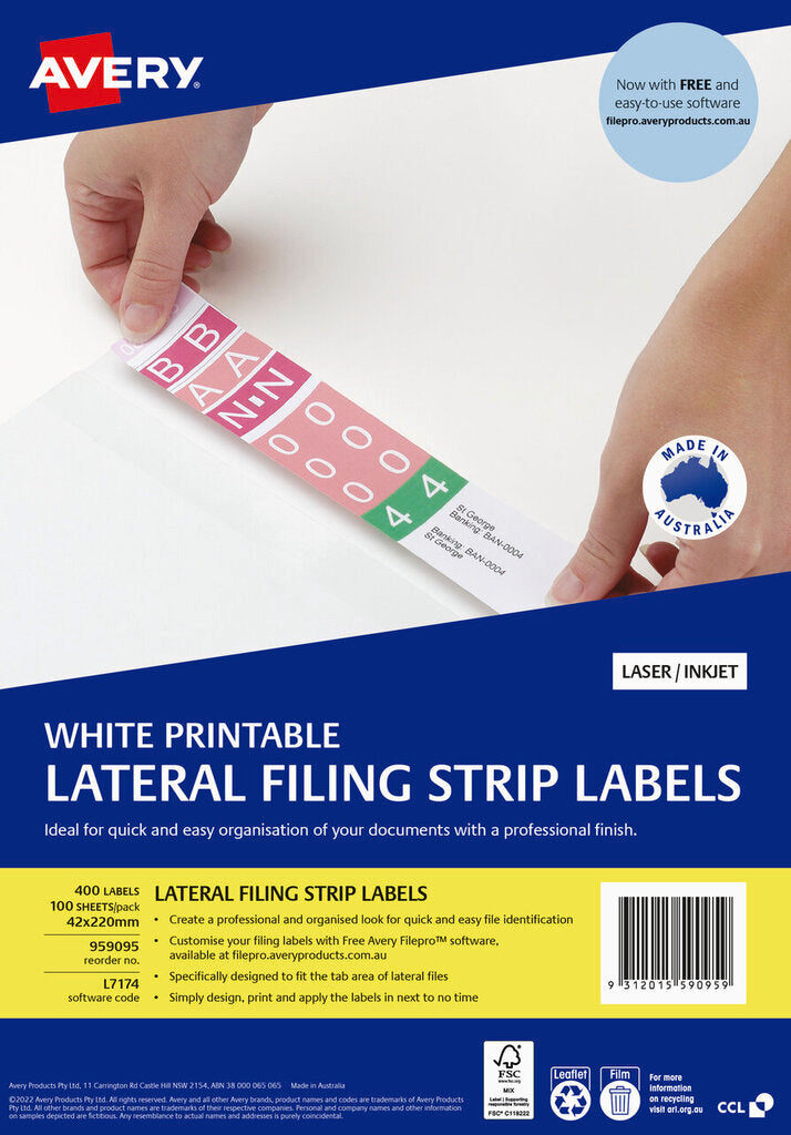 Avery White Lateral Filing Laser Auto Labels L7174 A4 100 Sheets 400 Labels 42 x 200mm