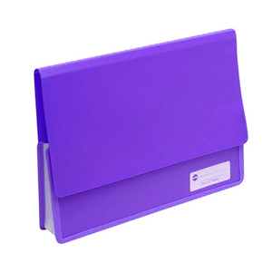 A Marbig Polypick heavy duty A4 document wallet in solid purple, closed with the flap down, a fabric trim along the lower edge and a white Polypick Wallet label panel