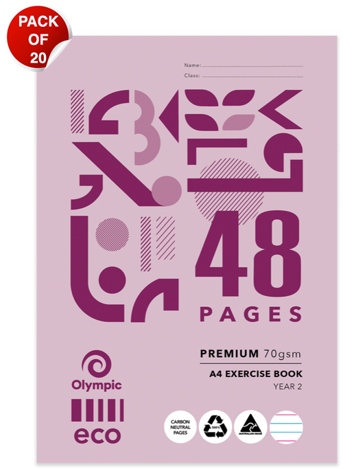 Olympic Eco Exercise Book A4 48 Pages Year 2 QLD Ruling Stapled Pack of 20