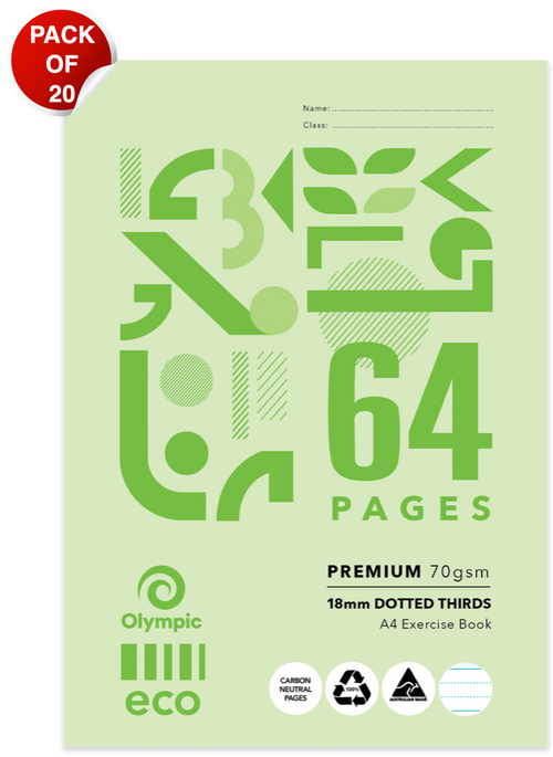 Olympic Eco Exercise Book A4 64 Pages 18mm Dotted Thirds Stapled Pack of 20