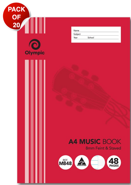 Olympic Music Book A4 48 Pages 8mm Feint and Staved Pack of 20