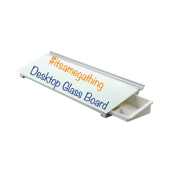 Glass desktop pad with a small white storage drawer pulled out at one end and overlaid hashtag text and the words Desktop Glass Board in orange and blue; ACCO Australia do not list a drawer for QTGDP186