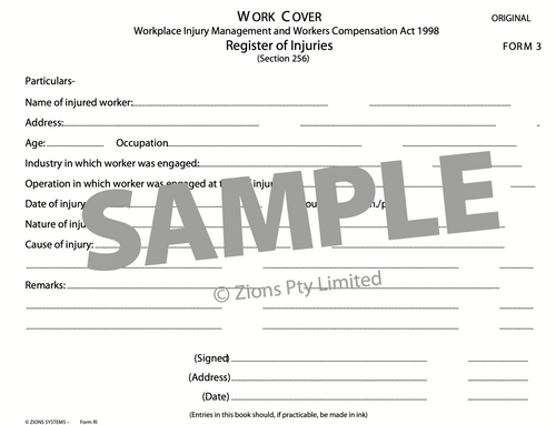 Zions Register of Injuries Book WorkCover NSW