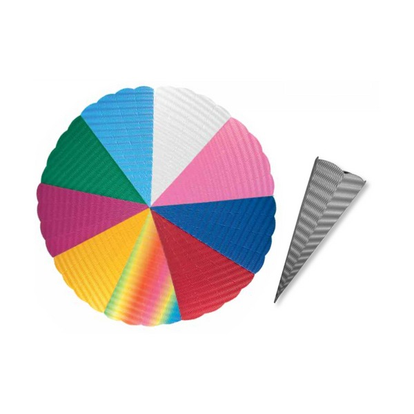Round arrangement of coloured corrugated card segments beside a single silver Goldbuch craft school cone with a wavy ridged surface