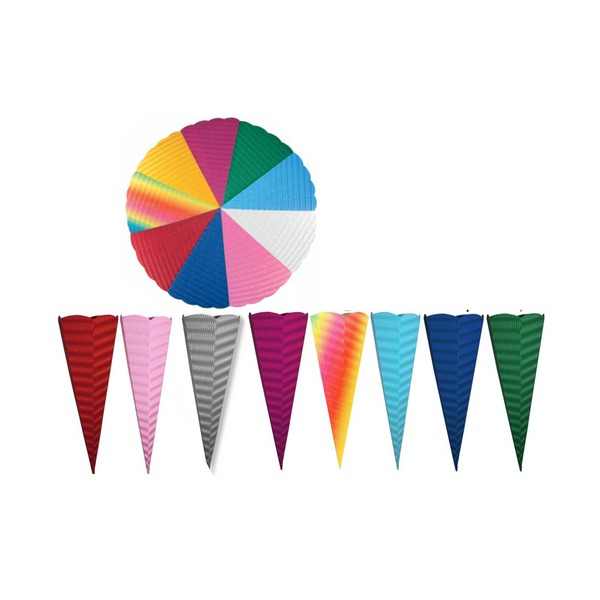 Goldbuch craft school cones in eight colours, red, pink, silver, magenta, rainbow, light blue, dark blue and green, below a round arrangement of coloured corrugated segments