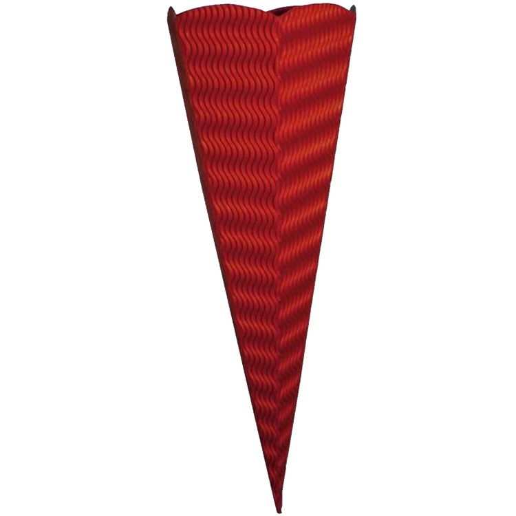 Red Goldbuch craft school cone with a wavy corrugated surface and a scalloped top edge, standing upright on a white background