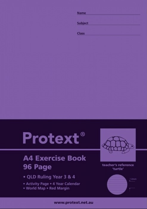 Protext Exercise Book A4 96 Page QLD Year 3 4 Ruled Polypropylene Turtle Cover Pack 10 — front cover