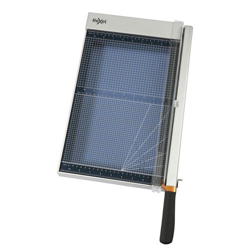 Rexel ClassicCut tempered glass guillotine from above with the arm lowered