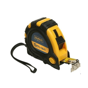 Durus Measuring Tape 5m in a yellow and black case marked DURUS BUILT and 5m/16ft, with black wrist strap, lock button and the metal end hook of the blade showing