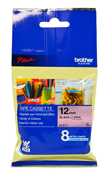 Brother Non Laminated Labelling Tape 12mm Black on Pink ME31