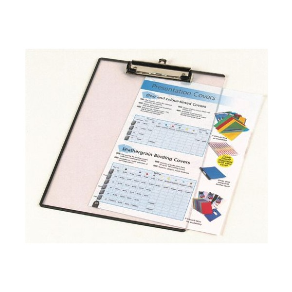Marbig Clearview clipboard lying flat, clear board with a dark edge and silver clip, a printed brochure page on the board