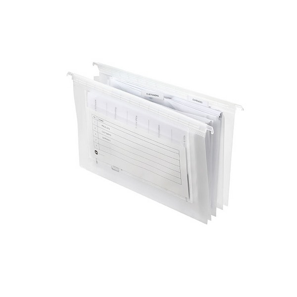 Two clear polypropylene Marbig expanding suspension files holding papers, with white tabs labelled Customers and Expenses along the top and a printed index sheet visible through the front