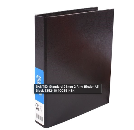 Bantex A5 Ring Binder Standard 2D 25mm Black Box of 25
