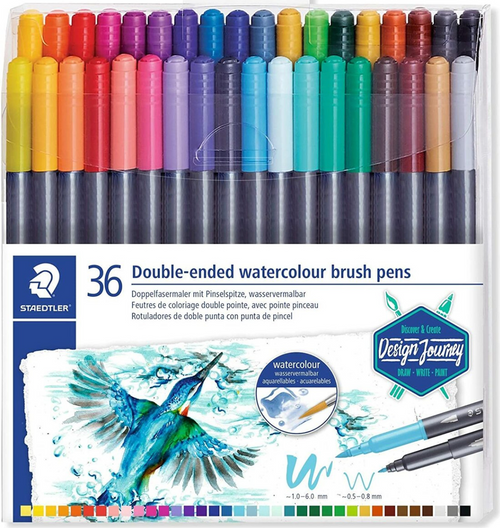 Staedtler Marsgraphic Duo Watercolour Brush Pen Assorted Wallet and Adult Blooming Garden Colouring Book Bundle
