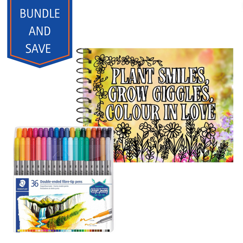 Staedtler Twin-Tip Double Ended Fibre-Tip Pen Assorted Wallet and Adult Blooming Garden Colouring Book Bundle