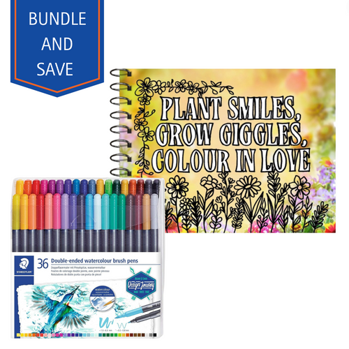 Staedtler Marsgraphic Duo Watercolour Brush Pen Assorted Wallet and Adult Blooming Garden Colouring Book Bundle