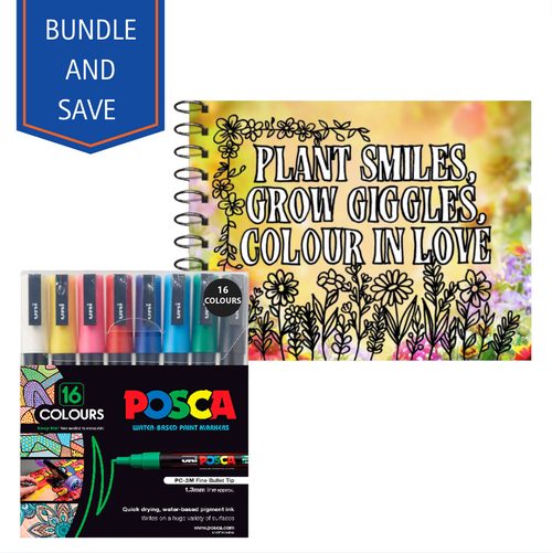 Posca PC-3M Paint Marker Pen Bullet Fine with Adult Blooming Garden Colouring Book
