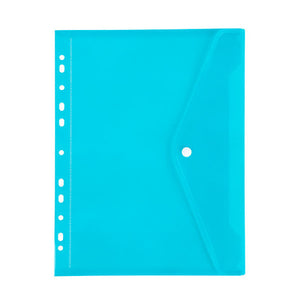 Marbig binder wallet in translucent marine blue, lying flat, with a punched strip down the left edge and a right side flap closed by a white press button
