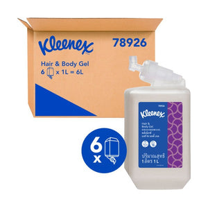 Kleenex 78926 Hair and Body Gel carton printed 6 x 1L = 6L, with a white gel 1 litre cartridge with a purple and blue label and a badge showing six cartridges